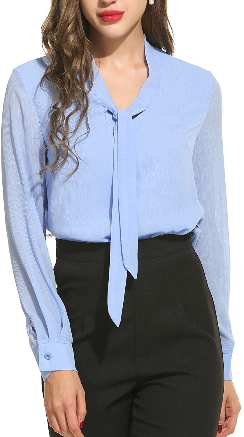 Basic Model Bow Tie Neck Blouse for Women Long Sleeve Casual Shirts Office Work Blouse 