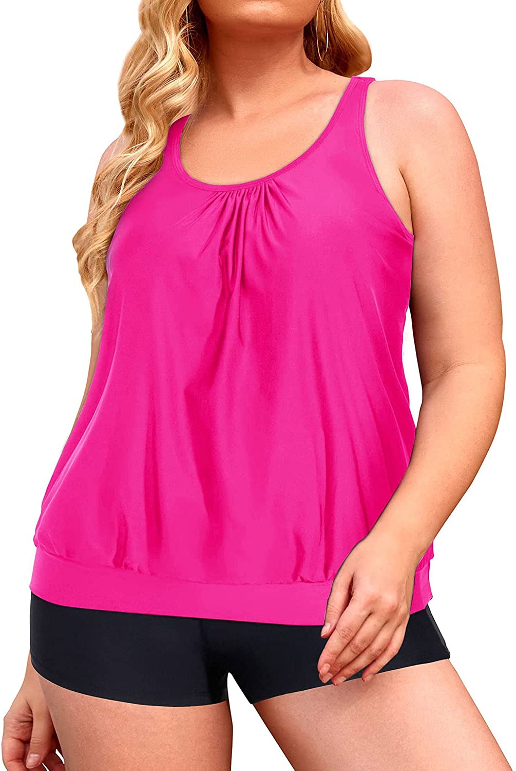 Yonique Plus Size Tankini Swimsuits for Women Blouson Tankini Tops with Swim  Shorts Two Piece Bathing Suits, Pink 