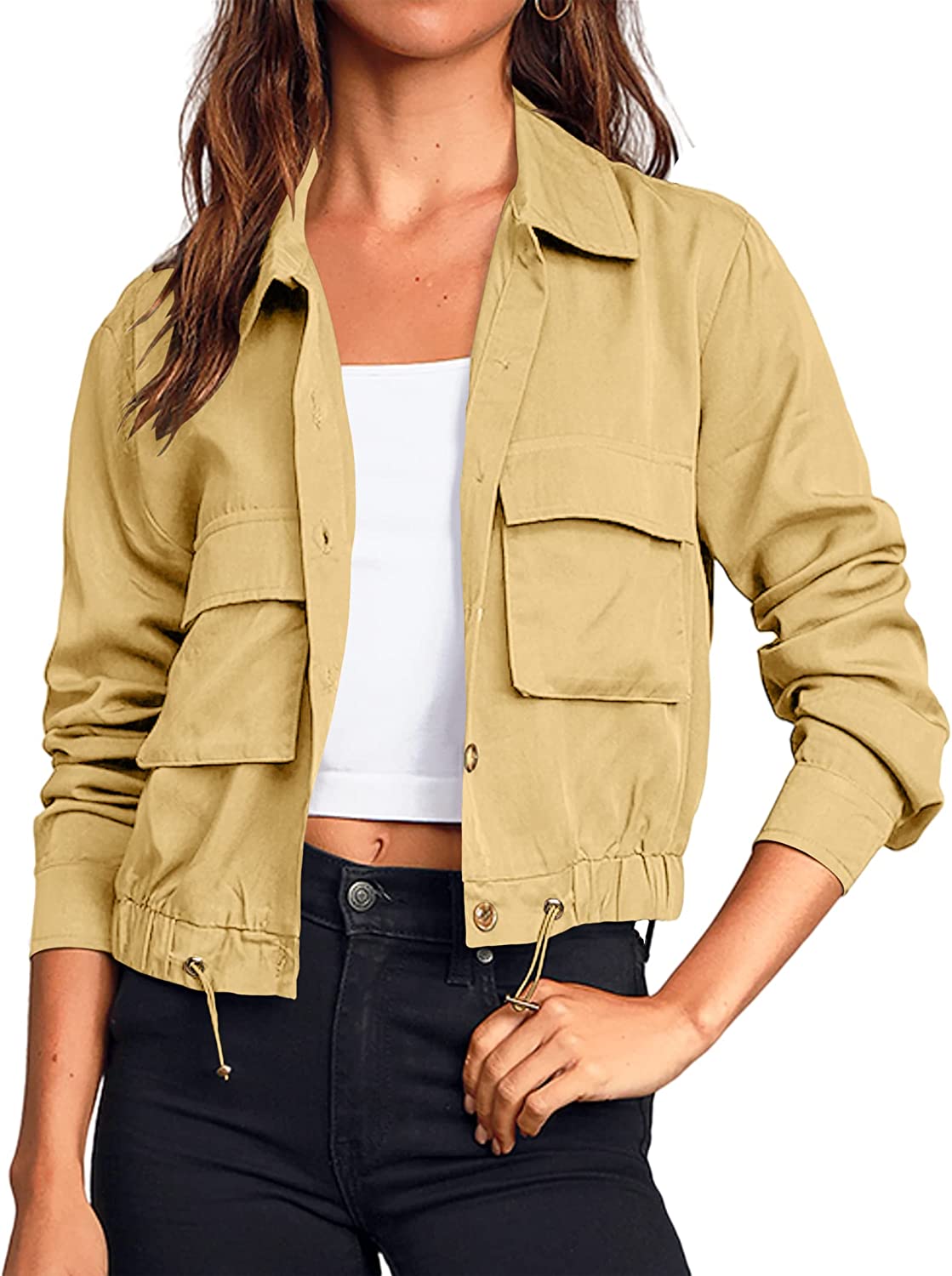 Onedreamer Women's Military Safari Cropped Jackets Button Down Lightweight Oversized Utility Anorak Coat with Pockets