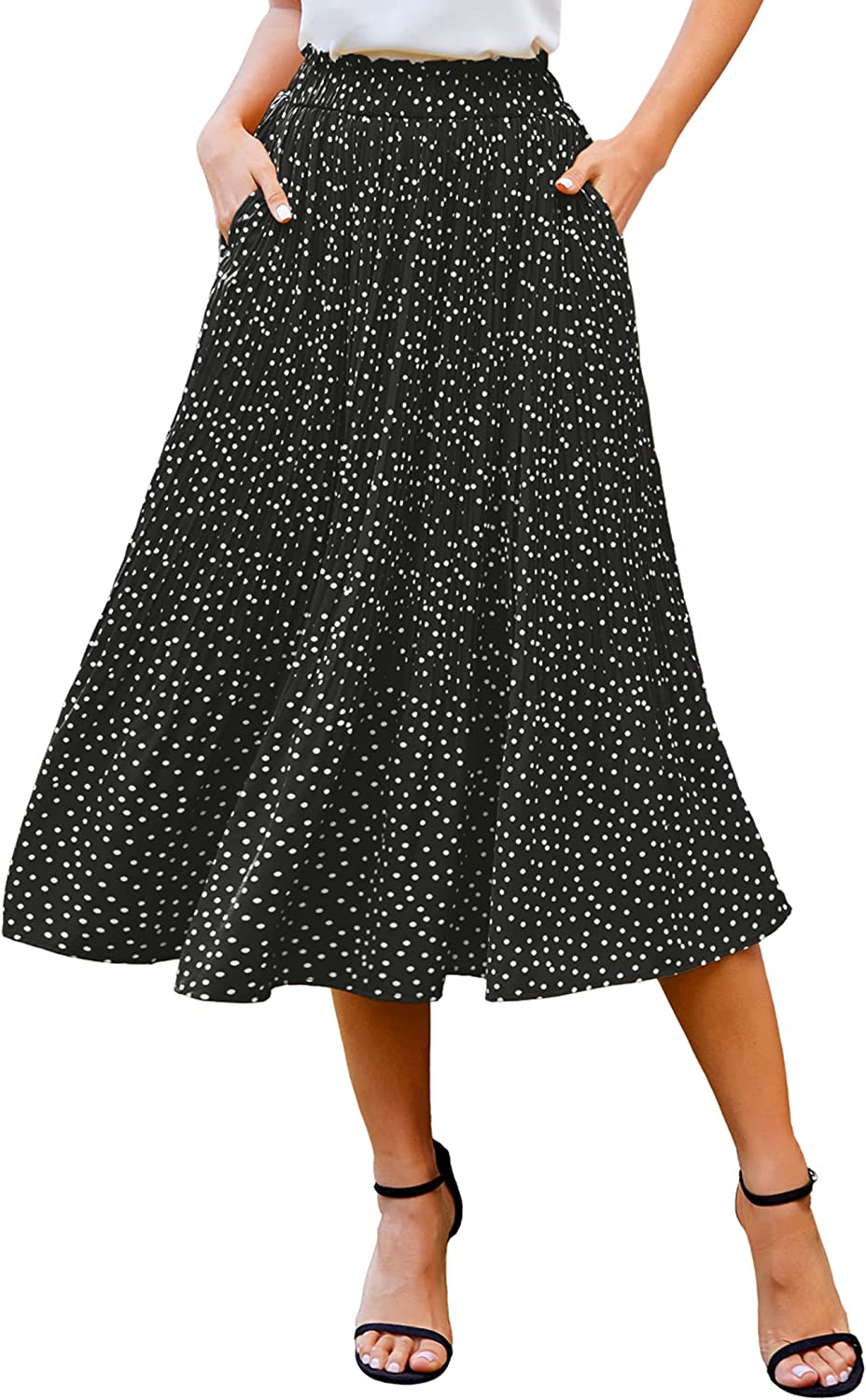 Zeagoo Women's Midi Skirts Elastic High Waist Skirt Polka Dot Casual ...