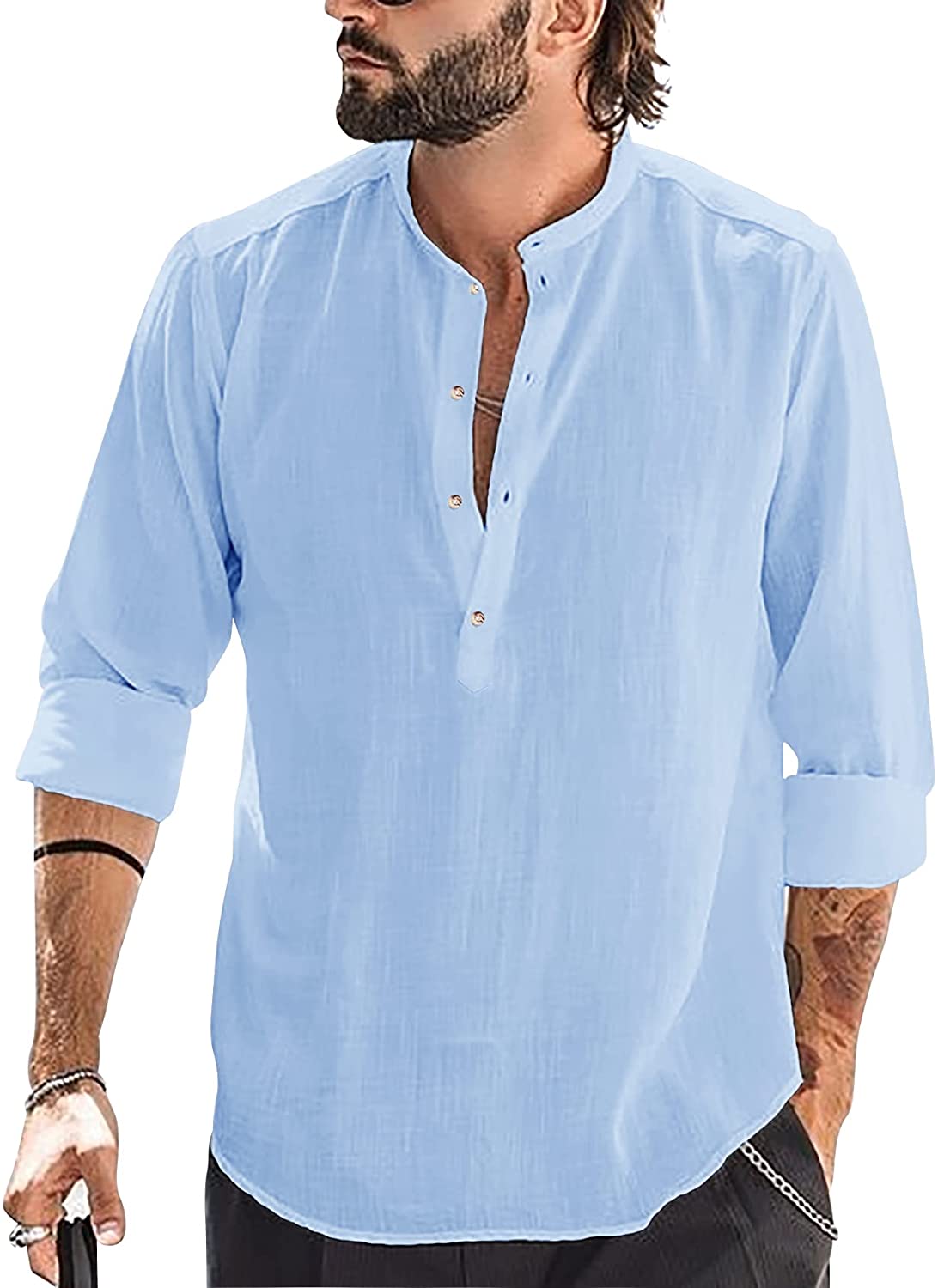 Summer Half Sleeve Blouse Loose Fit Henleys Tops Mens Fashion Cotton Linen Shirts 