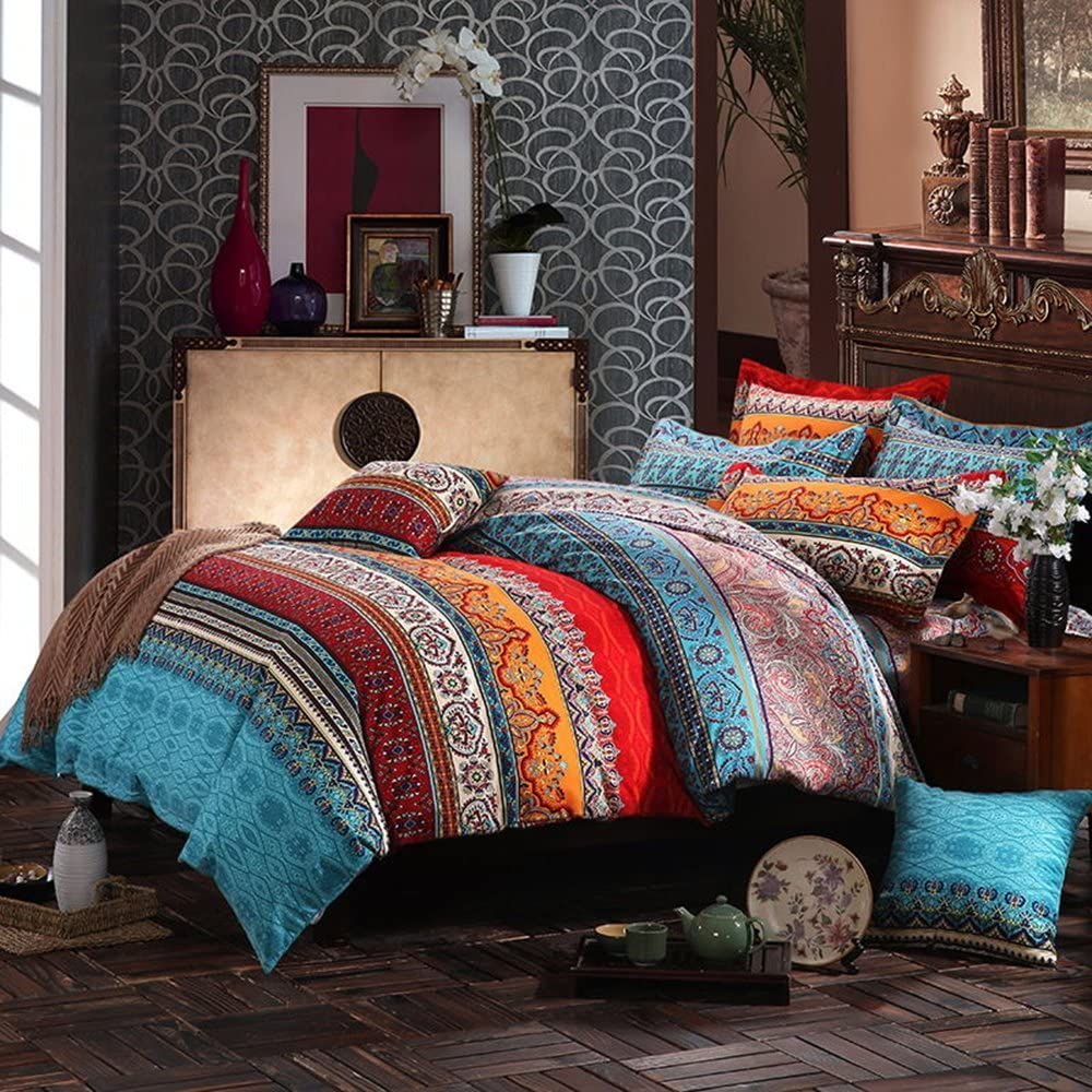 HNNSI Brushed Cotton Bohemian Duvet Cover and Fitted Sheet Sets Queen ...