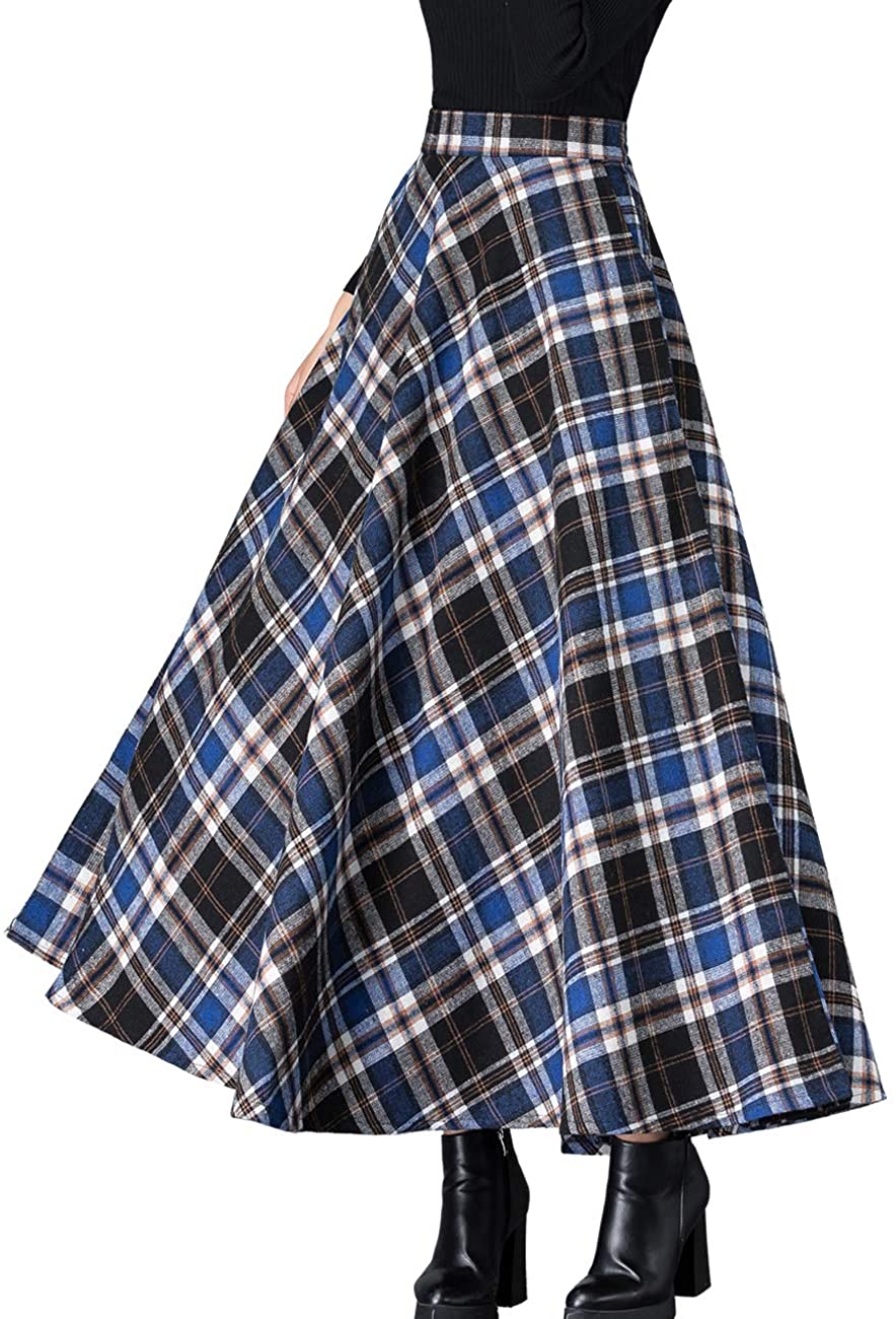 Femirah Womens Autumn Winter Wool Elastic Waist Plaid Maxi A Line Skirt