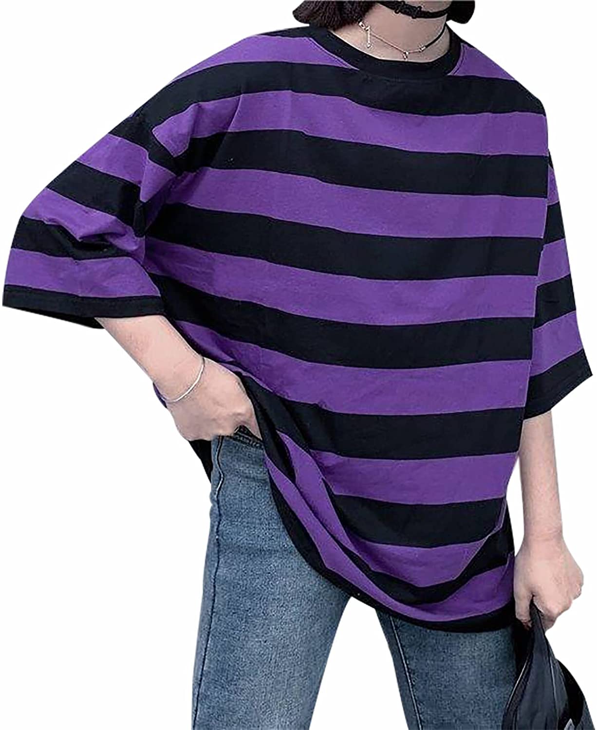 Women Harajuku Oversized Stripe Casual Long Sleeves Crewneck T-Shirt Tee  Tops | eBay