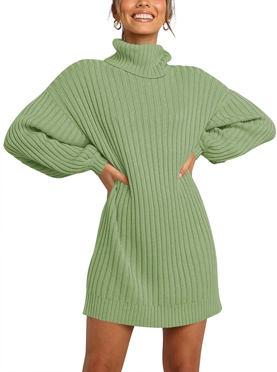 LOGENE Women's Sweater Dress Turtleneck Long Balloon Sleeve Ribbed Knit  Oversized Pullover Dresses