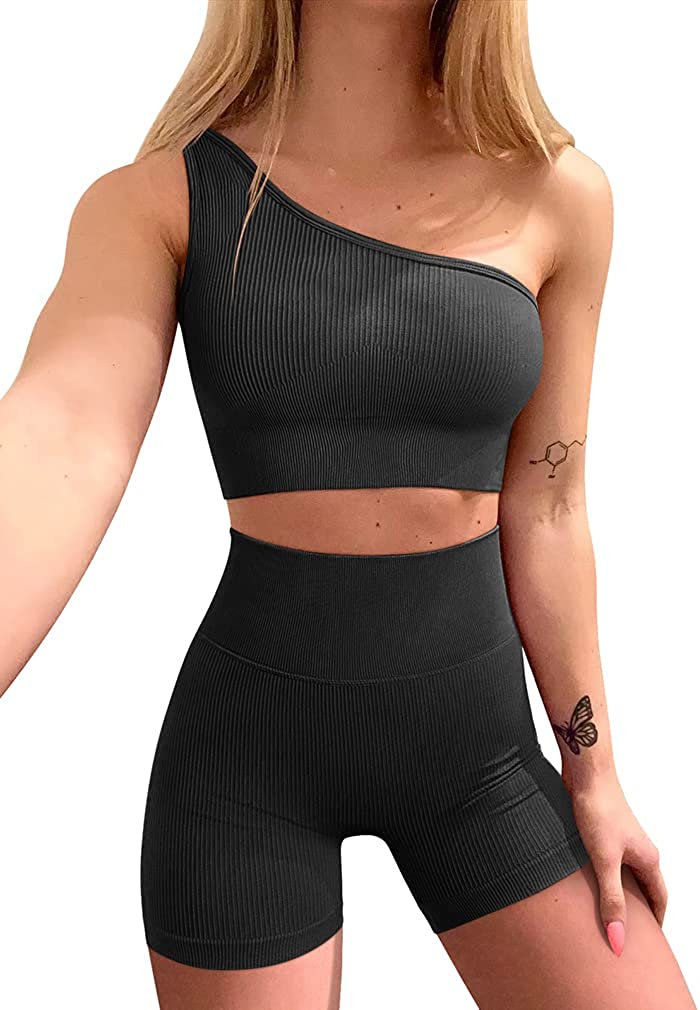 OQQ Workout Outfits for Women 2 Piece Ribbed One Shoulder High Waist Shorts  With