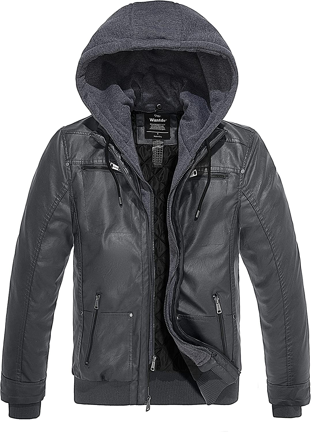 Wantdo Men\'s Faux Leather Jacket with | Hood Vi Motorcycle eBay Removable Casual Jacket