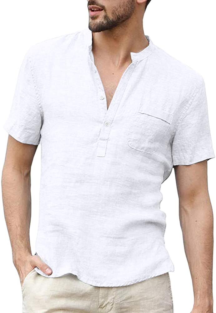 Taoliyuan Mens Henley Shirts Linen Summer Short Sleeve Banded Collar V ...