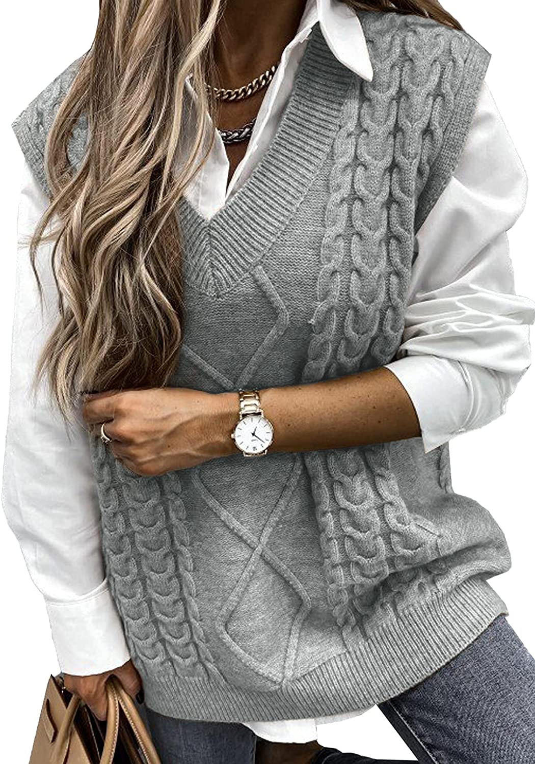 Women's Oversized Solid Color V-neck Knitted Vest Cable Sleeveless Sweater