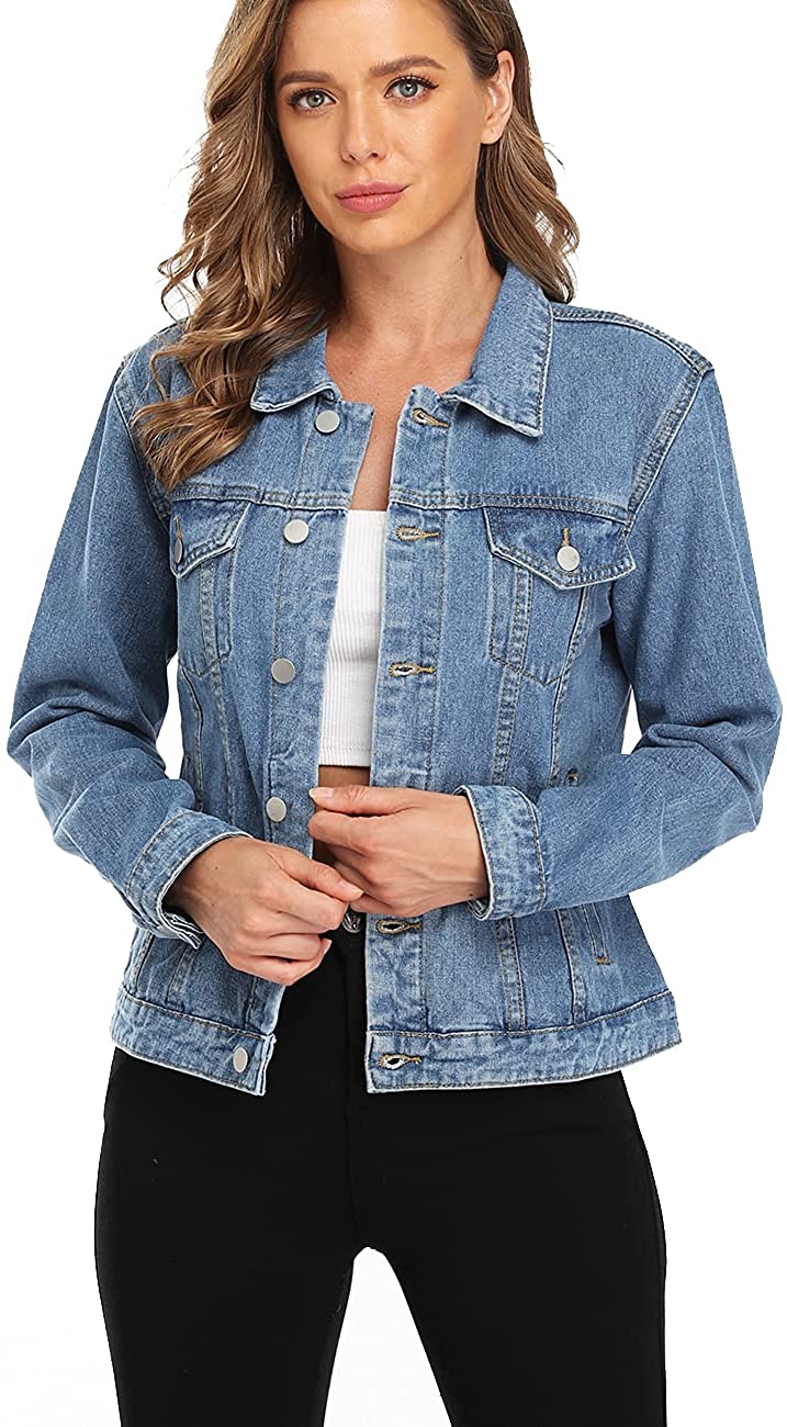 Dilgul Womens Ripped Distressed Casual Long Sleeve Basic Button Down Denim Jean Jacket