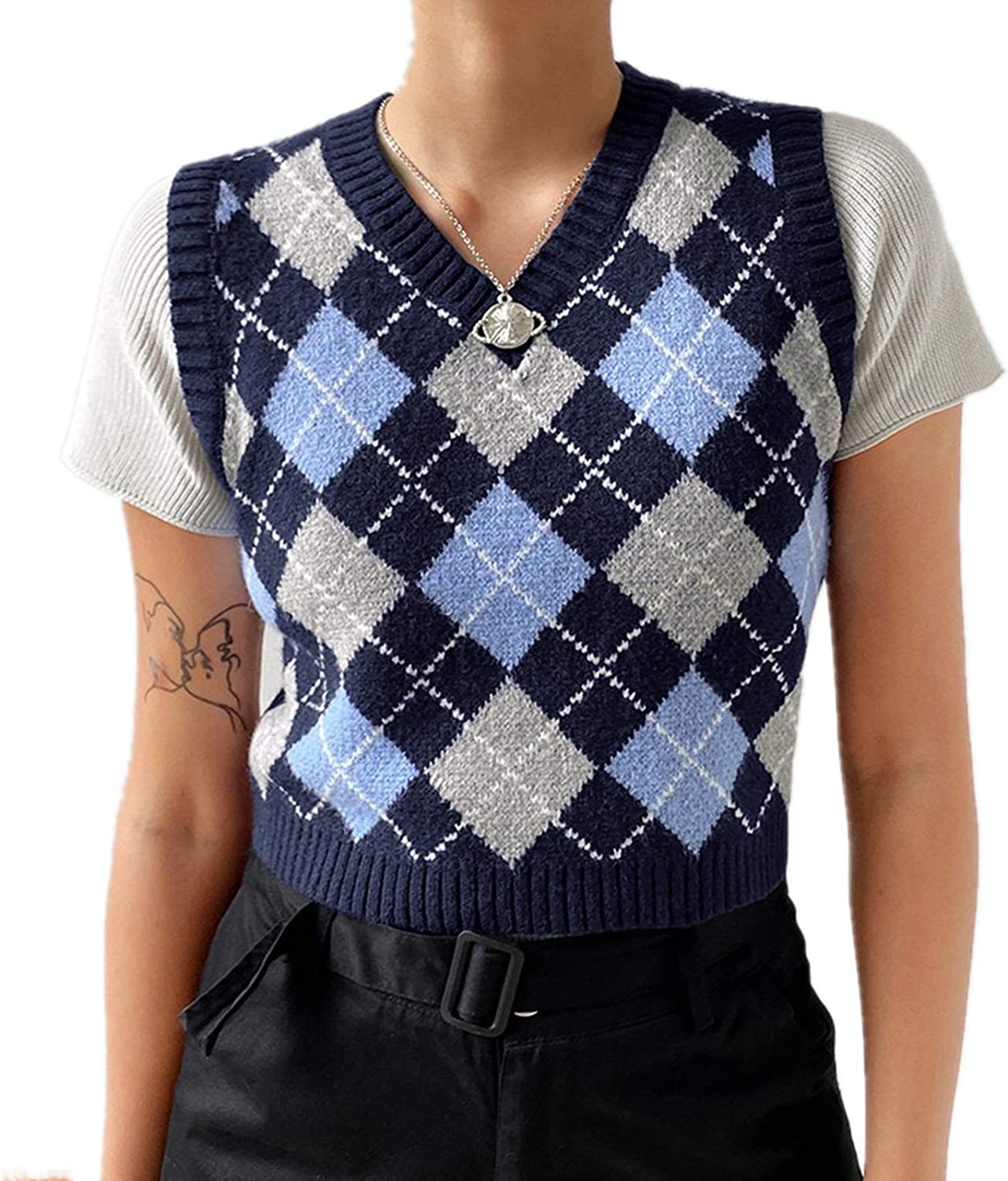 Hyipels Argyle Sweater Vest Women Y2K Plaid Knitted Streetwear Preppy Style  V Ne