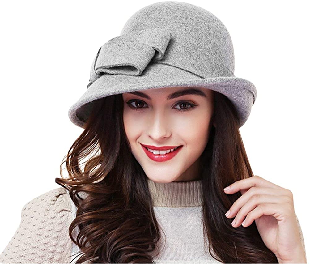 Bellady Women Solid Color Winter Hat 100% Wool Cloche Bucket with Bow Accent 