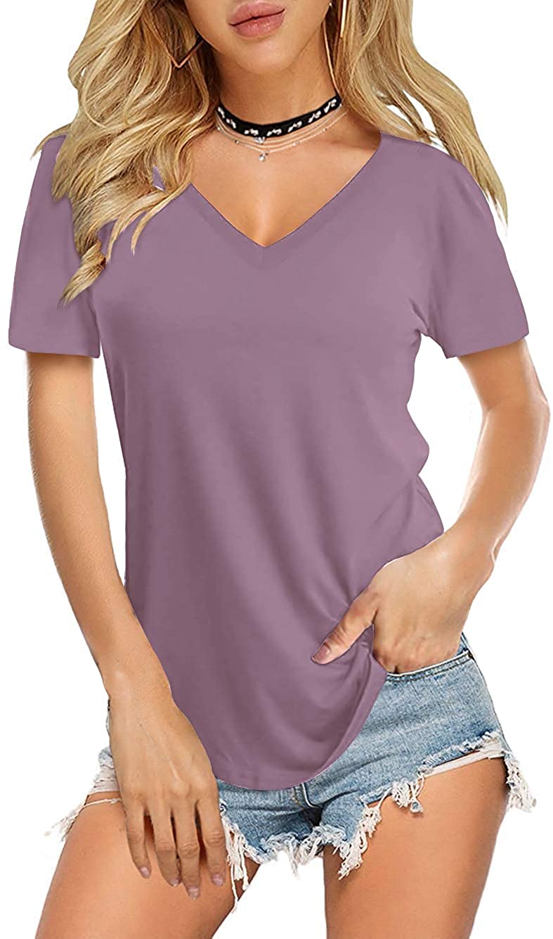 Amoretu Womens V Neck Long/Short Sleeve T Shirts Basic Tee Tops