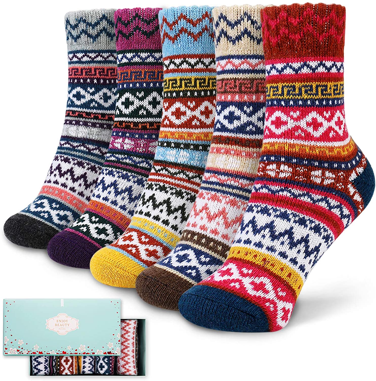 WYTartist Mens Socks Winter 5 Pairs Vintage Style Knit Wool Socks Soft Warm Winter Fall Crew Socks 