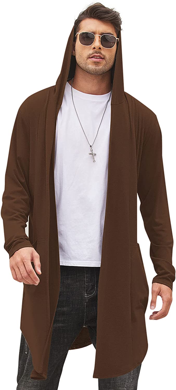 COOFANDY Men's Long Hooded Cardigan Shawl Collar Lightweight