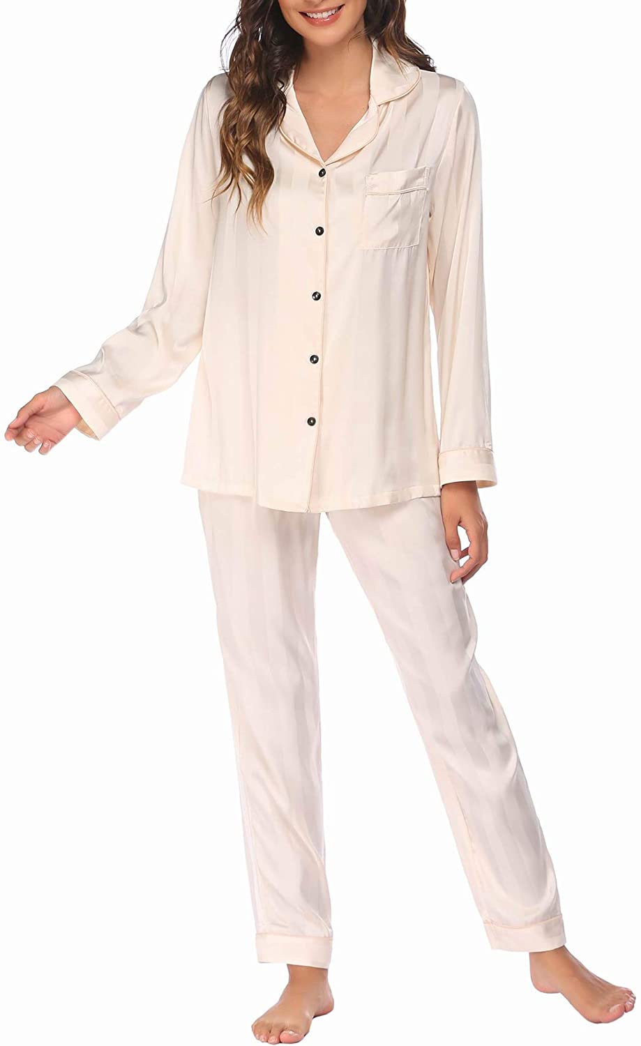 Ekouaer Satin Pajamas Women’s Long Sleeve Sleepwear Silk Soft Button Down Loungewear Pjs Set S-XXL 