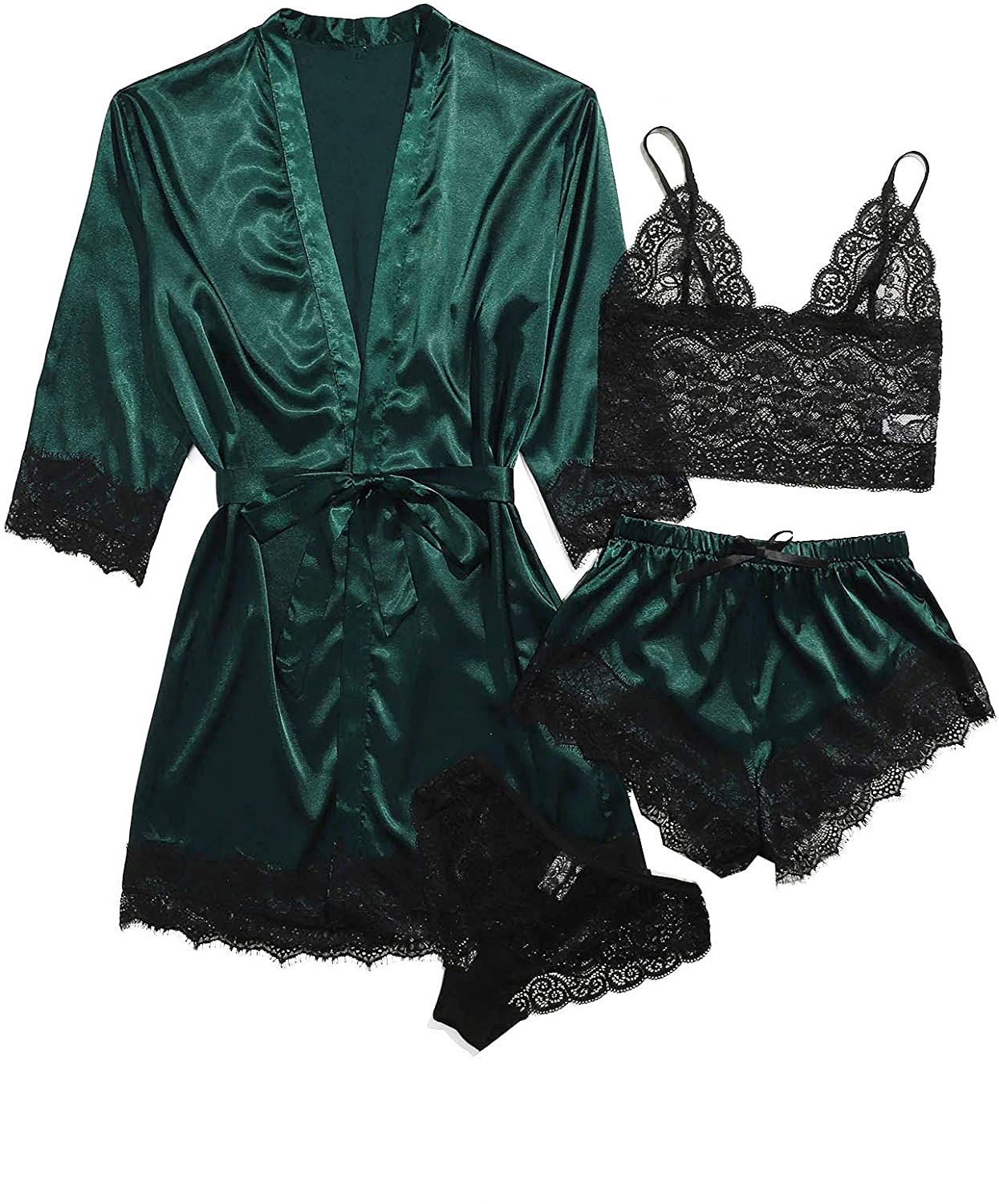 SOLY HUX Women's Sleepwear 4pcs Floral Lace Trim Satin Cami Pajama Set ...