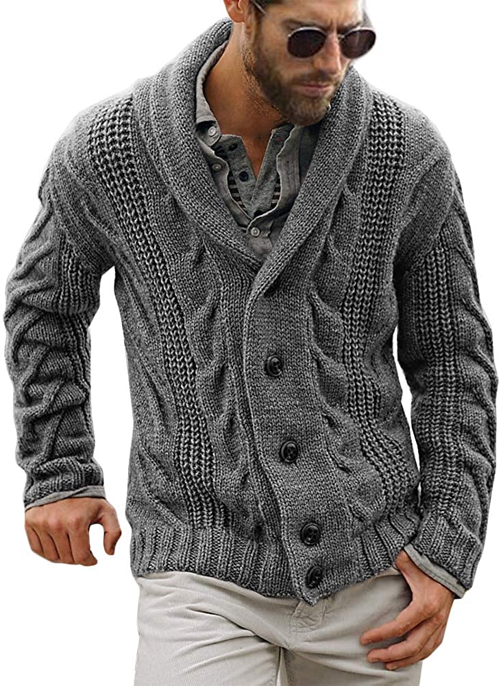 Mens Cable Knit Cardigan Sweater Shawl Collar Loose Fit Long