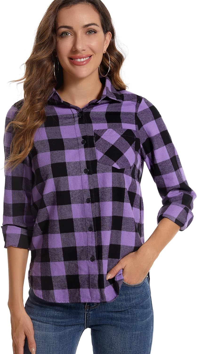 RASPBERRY PUDDING Flannel Plaid Cotton Shirt for Women Long Sleeve