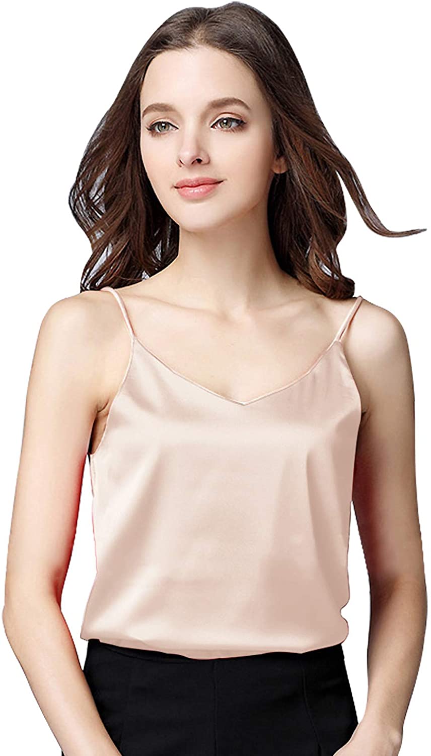 Miqieer Basic Women's Silk Tank Top Ladies V-Neck Camisole Silky Loose  Sleeveles