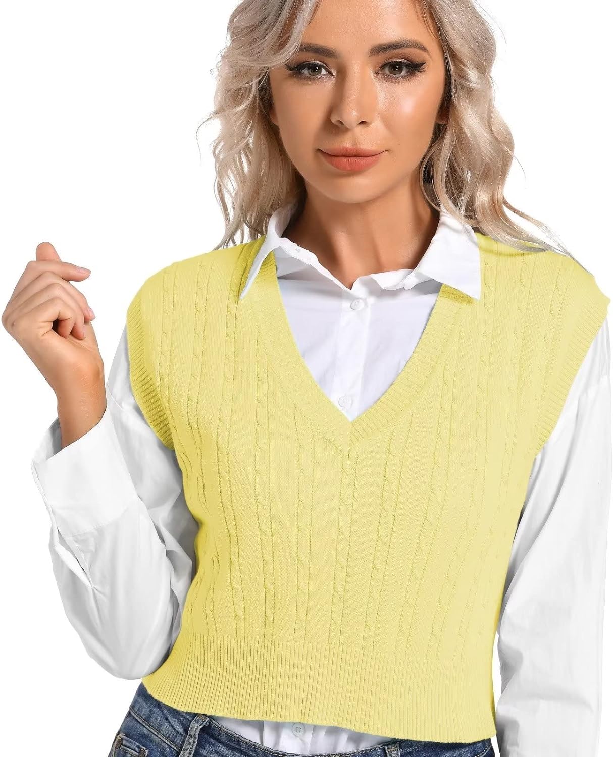 RefindWin Womens V Neck Sweater Vest School Uniform Vest Striped Cable Knit  Slee