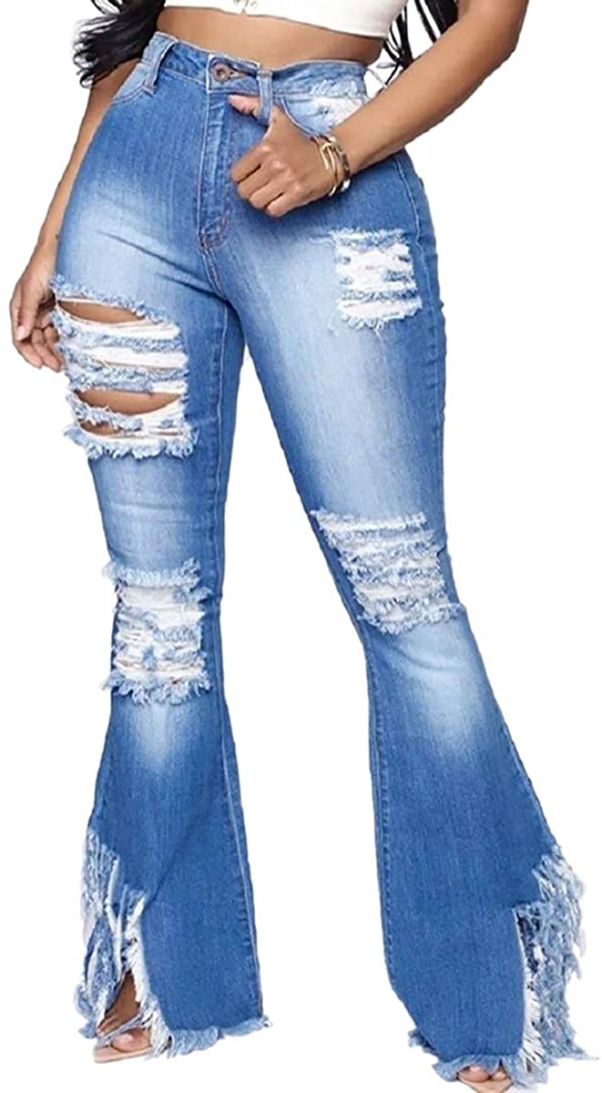 Lachmose Bell Bottom Jeans for Women Ripped High Waisted Classic Flared Denim Pants