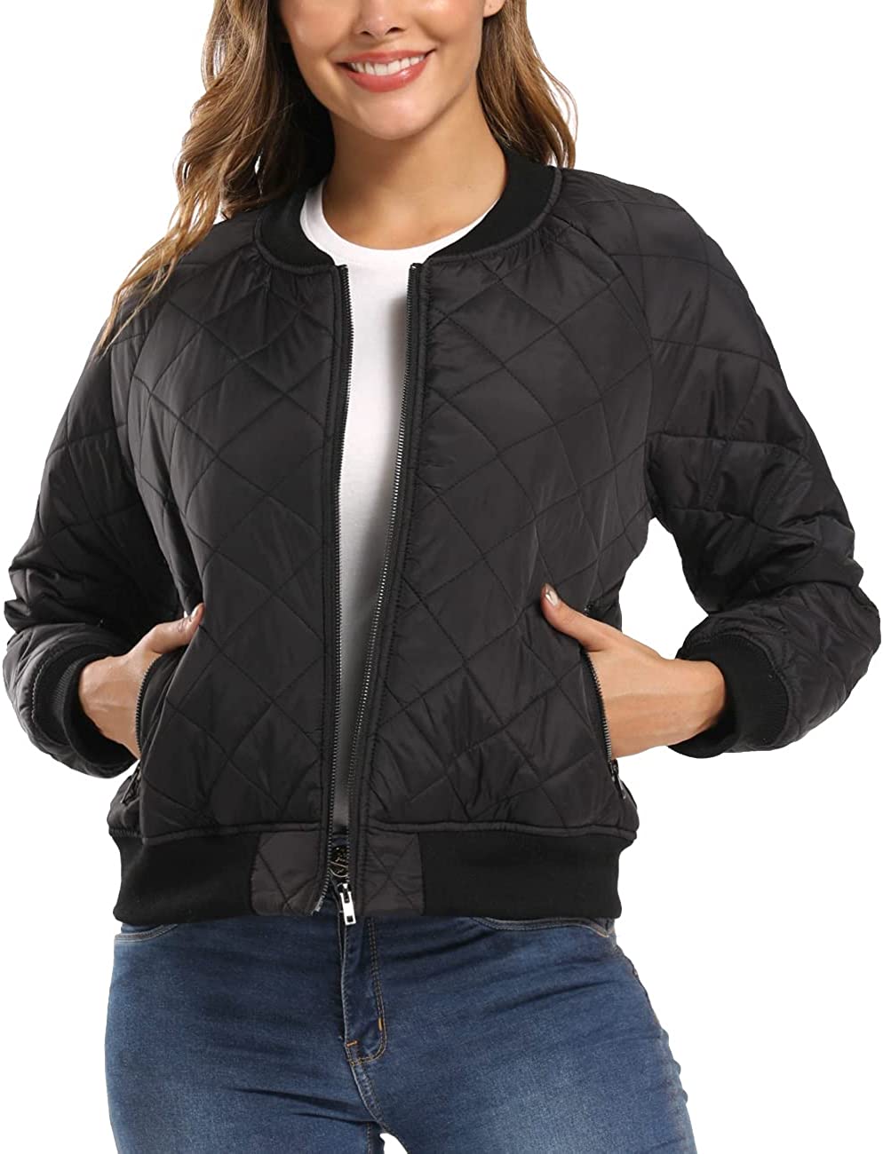 Dilgul Womens Quilted Jacket Lightweight Long Sleeves Zip Up Raglan Bomber Jackets with Pockets
