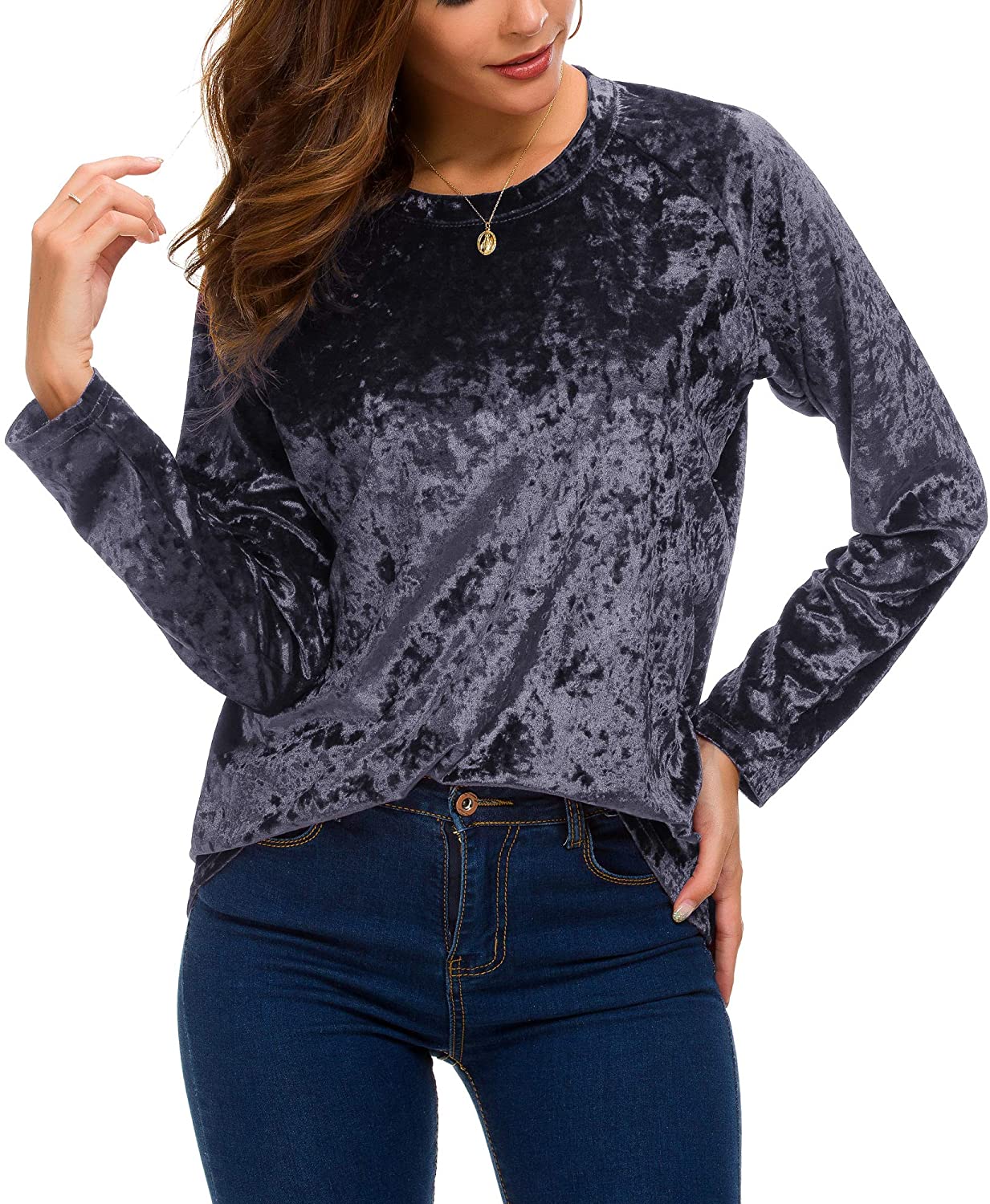 Women's Vintage Velvet T-Shirt Casual Long Sleeve Top | eBay
