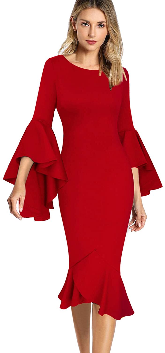 VFSHOW Womens Elegant Ruffle Bell Sleeve Business Cocktail Party Bodycon  Pencil | eBay