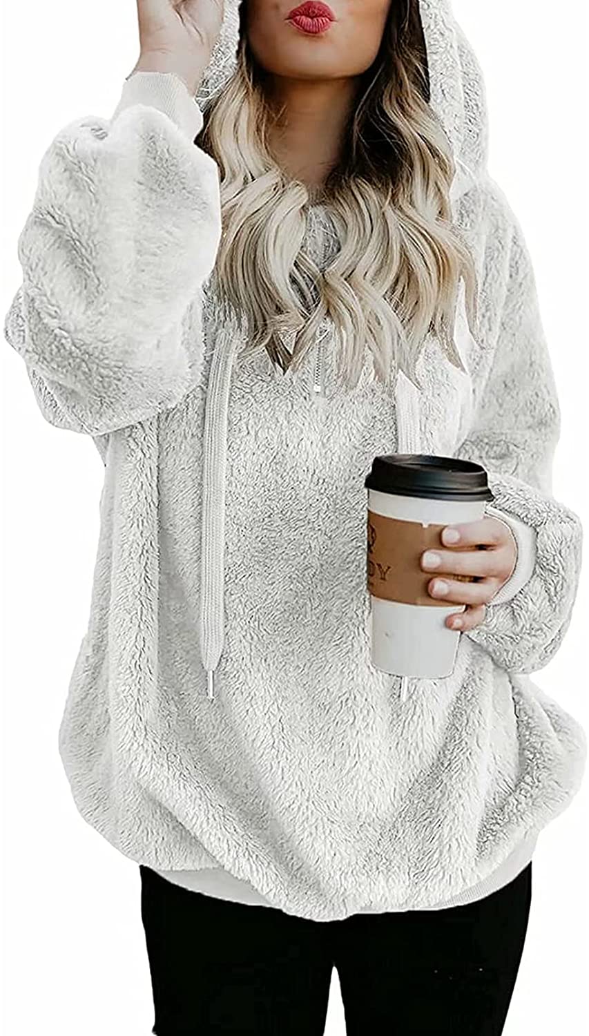 Aleumdr Womens Oversized Warm Fuzzy Hoodies Cozy Loose 1/4 Zipper Pullover Hooded Sweatshirt Outwear with Pockets