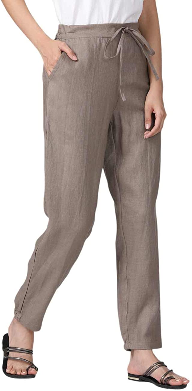 IXIMO Women's Tapered Pants 100% Linen Drawstring Back Elastic Waist Ankle  Lengt | eBay