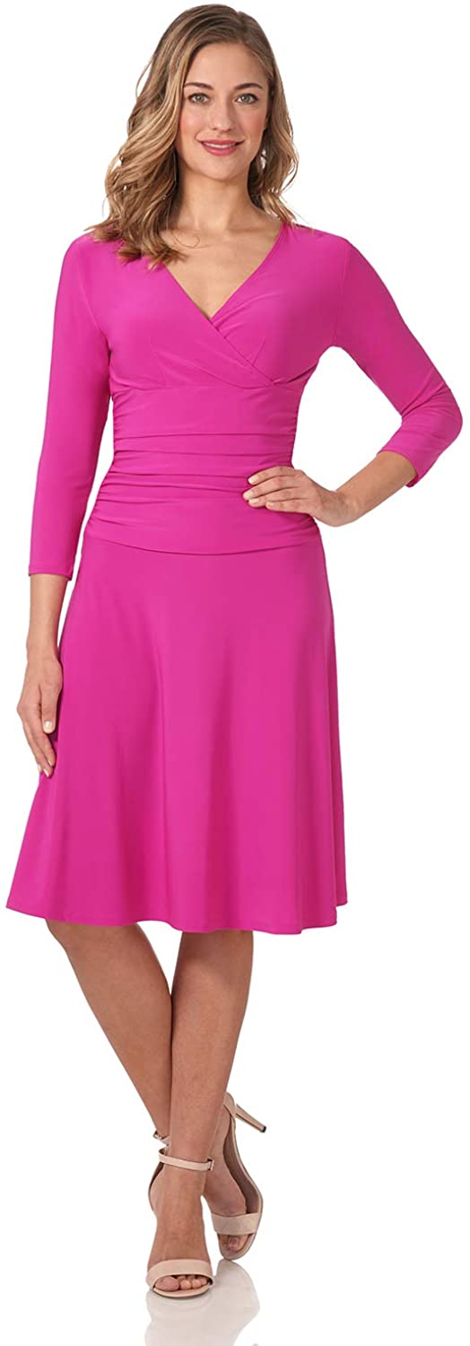  Rekucci Womens Slimming 3/4 Sleeve Fit-and-Flare Crossover Tummy  Control Dress
