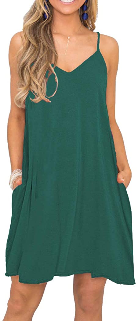 MISFAY Women Summer Spaghetti Strap Button Down V Neck Sleeveless Causal Beach Cover Up Dress with Pockets 