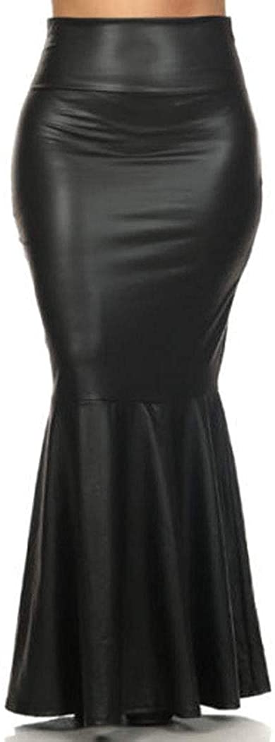 Plus Size Faux Leather Pleated High Waist Maxi Mermaid Skirt 917