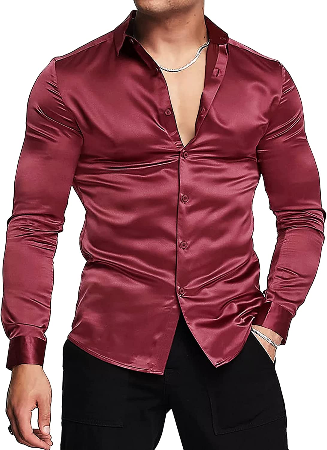 URRU Men's Luxury Shiny Silk Like Satin Dress Shirt Long Sleeve Casual Slim  Fit