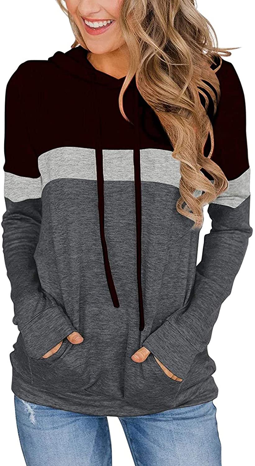 Hoodies for Women Pullover Long Sleeve Color Block Shirts with Pockets 