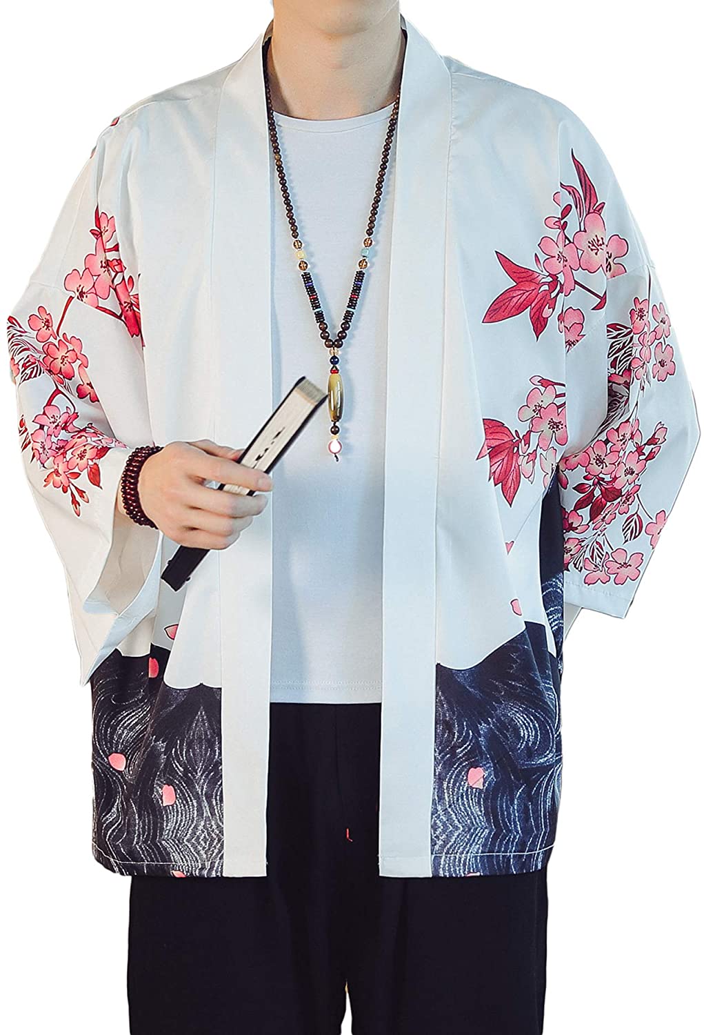 F_Gotal Mens Big& Tall Kimono Jackets Cardigan Lightweight Casual Dragon Printed Seven Sleeves Open Front Coat Outwear 