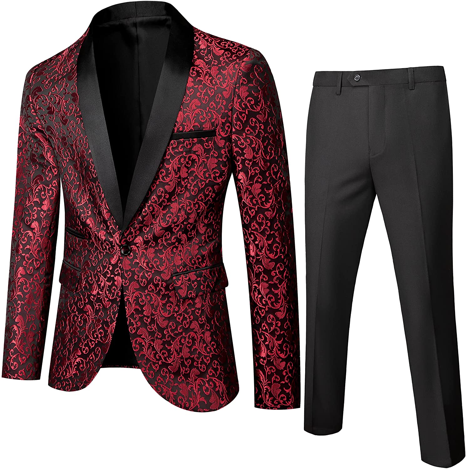 Pre-owned Uninukoo Men's Slim Fit 2 Piece Suit Floral Print Shawl Lapel Groom Wedding Tuxedo Set In Red