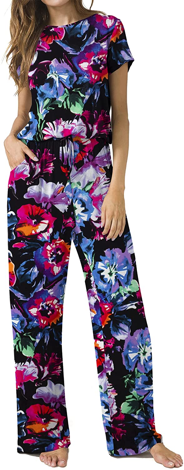 RichCoco Womens Floral Printed Jumpsuit Casual O Neck Loose Long Wide Legs Pants Jumpsuit Rompers with Pockets