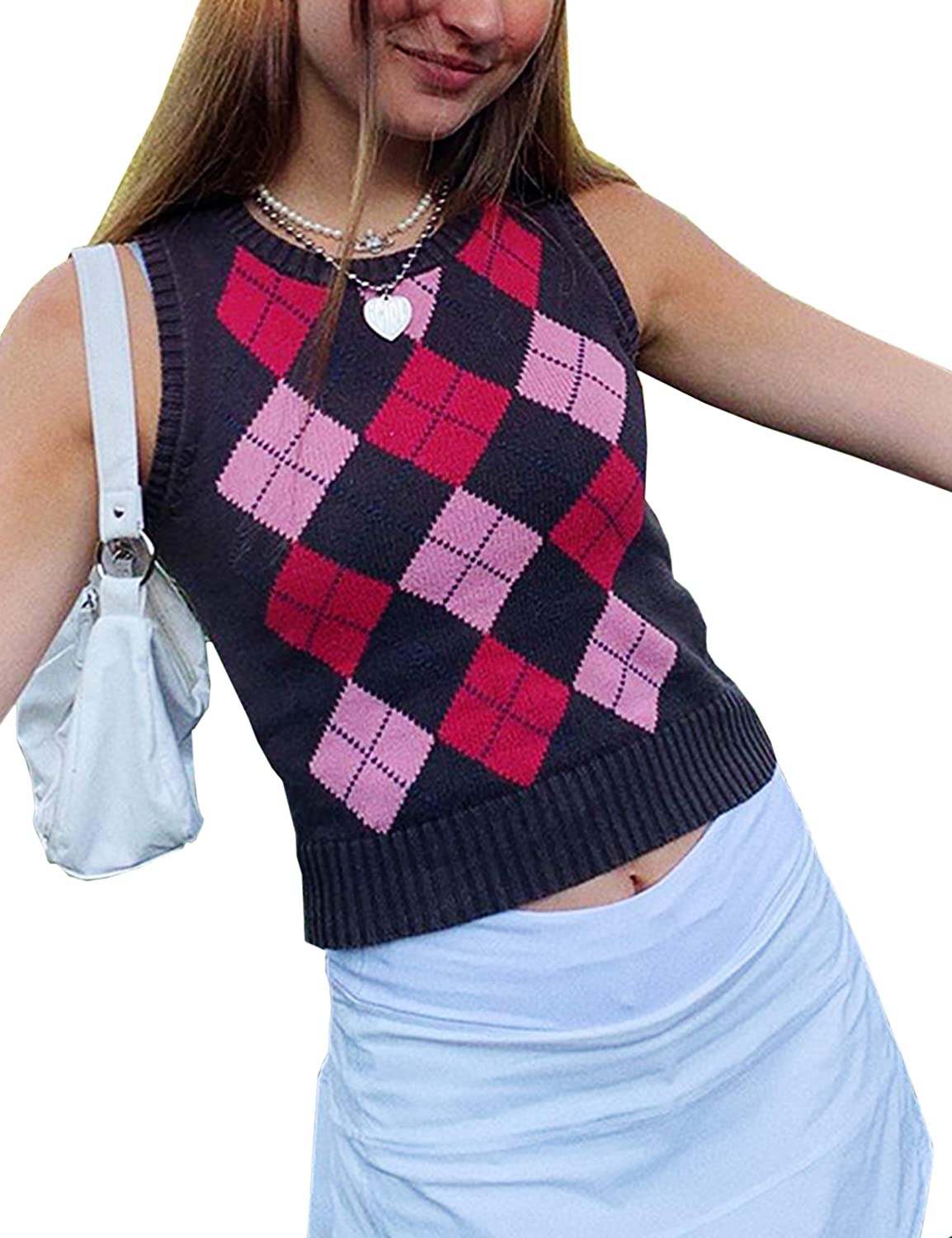 Meladyan Women’s Argyle Geo Plaid Knitted Sweater Vest V Neck 90s E-Girls Preppy England Style Knitwear Tank Tops