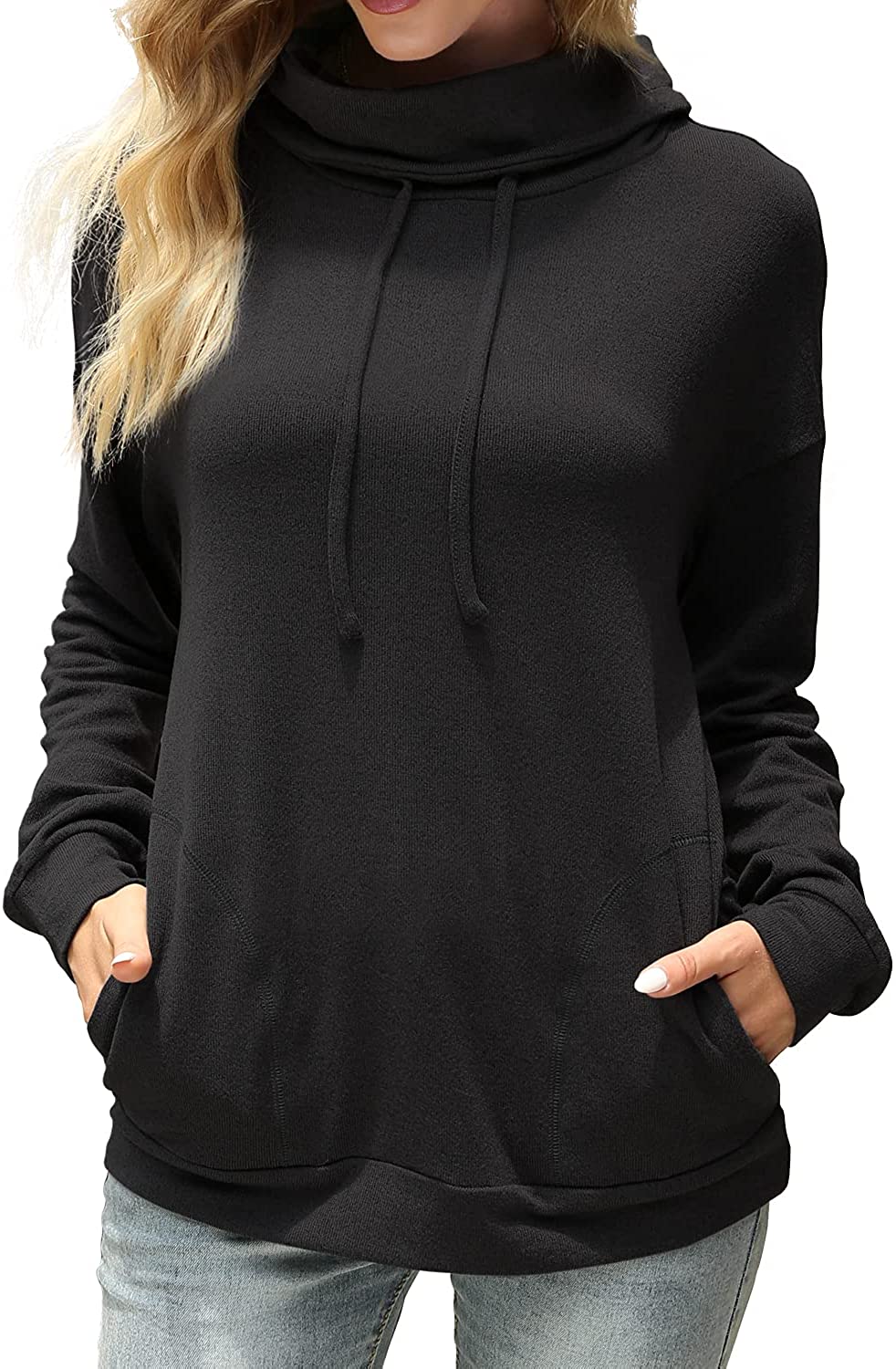 Davenil Women's Sweatshirts with Pocket Cowl Neck Sweaters Long Sleeve Pullover Casual Loose Tops with Drawstring