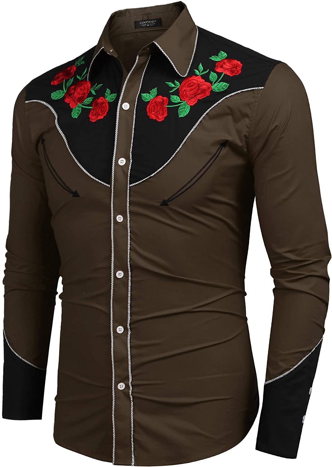 COOFANDY Men's Embroidered Rose Design Western Shirt Long Sleeve Button ...