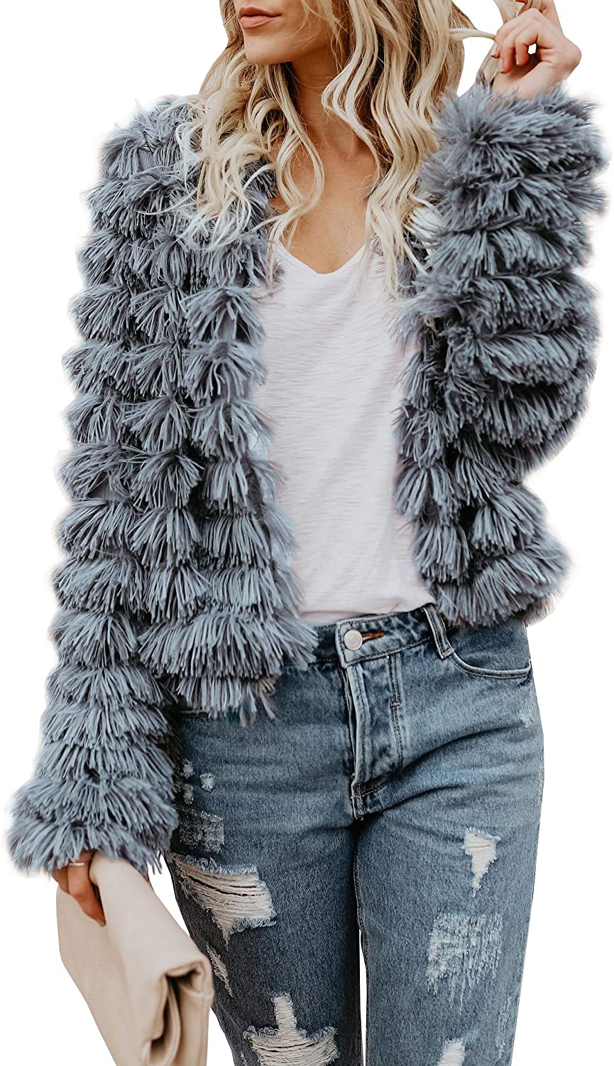 Ramoug Womens Winter Outwear Faux Fur Long Sleeve Short Jacket Parka Coat Open Front Cardigans