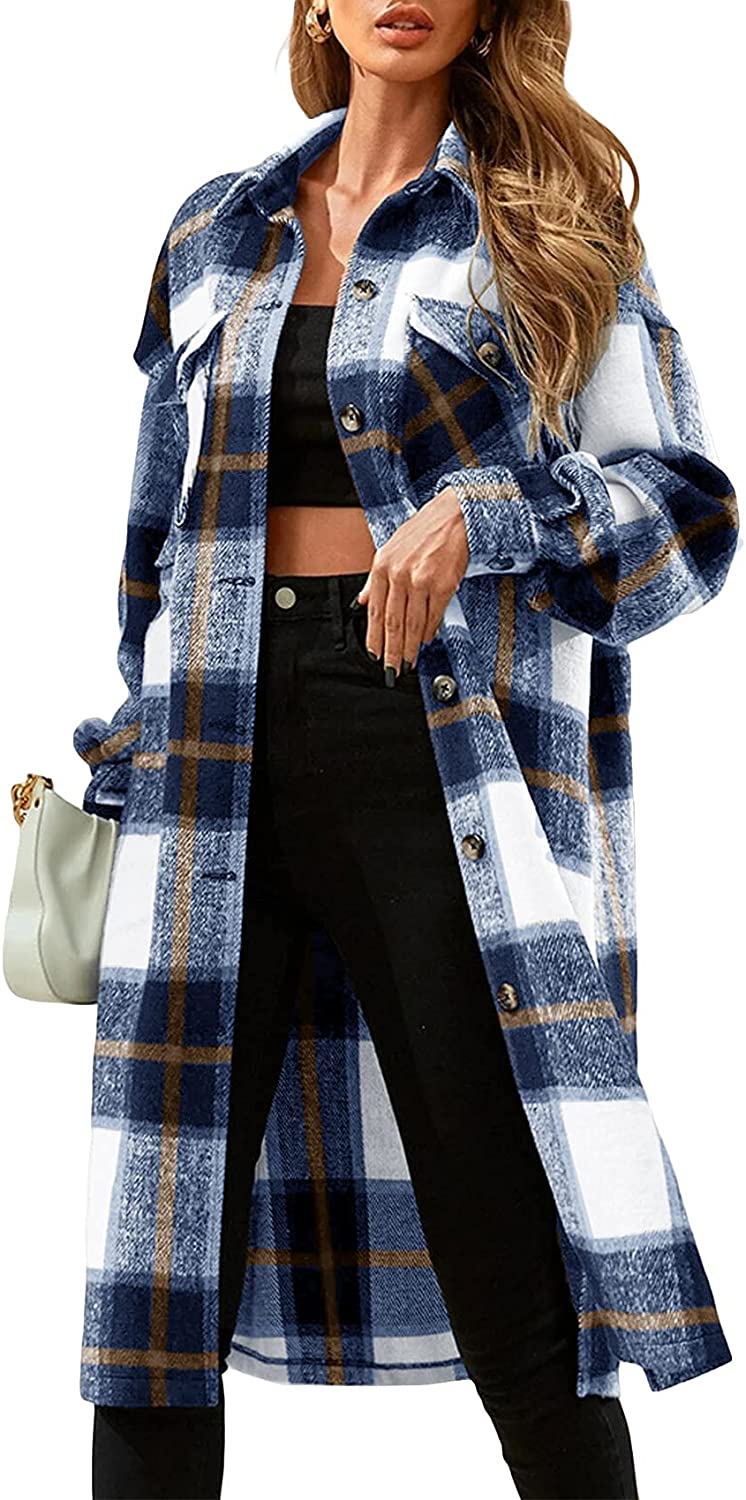 Womens Plaid Button Down Wool Blend Coat Casual Shirt Jacket Lapel Long  Peacoat