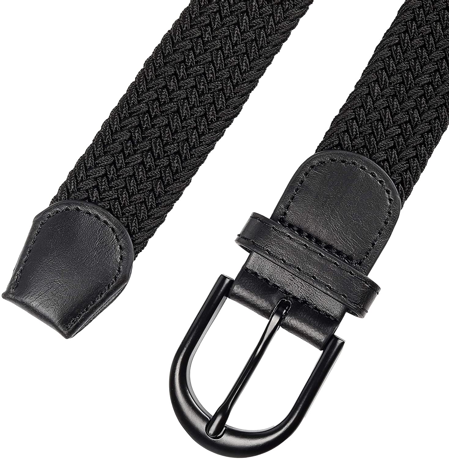 7 Sizes 24 Colors ） Braided Stretch Elastic Belt with Pin Oval Solid Black/Satin Brushed Buckle Leather Loop End Tip with Men/Women/Junior 