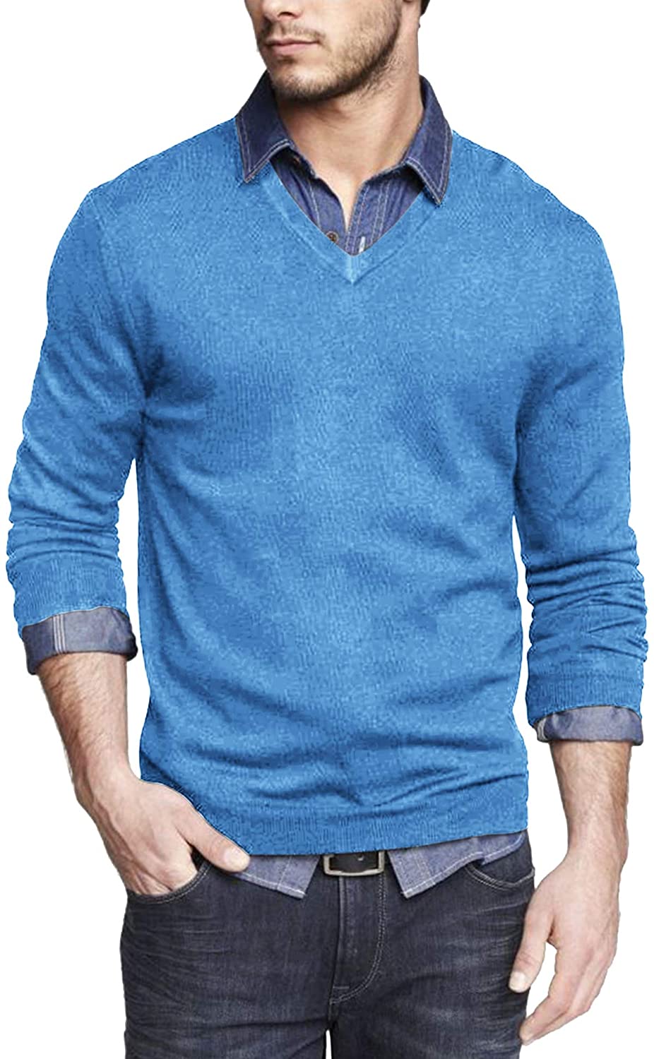 JINIDU Men's V Neck Knit Dress Sweater Casual Long Sleeve Slim Fit Pullover Top 