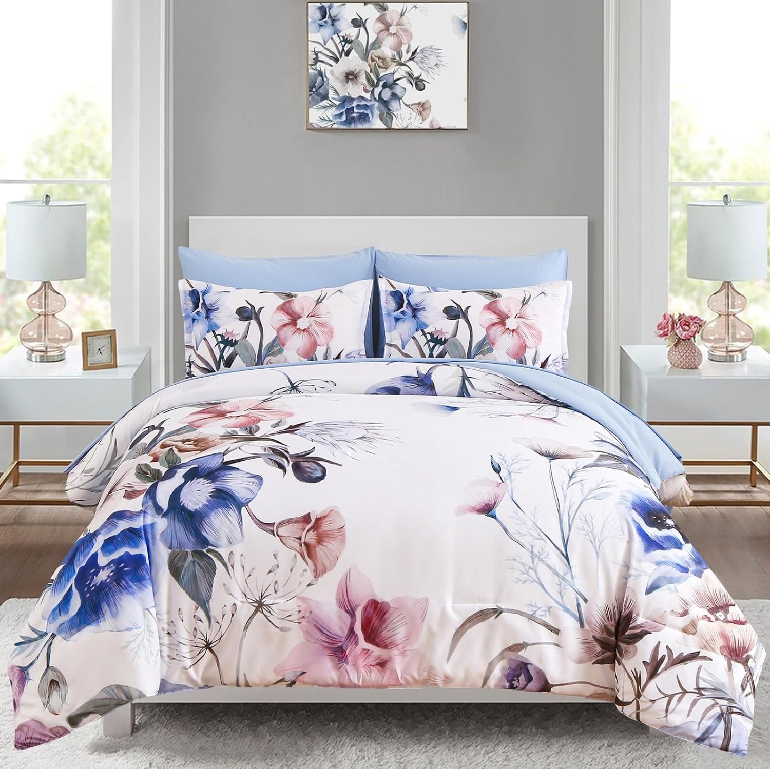 Luxudecor Floral Comforter Set Queen Size 7 Piece, Green Flower Bed in a  Bag, Elegant Floral Comforter with Sheet Set, Soft Microfiber Bedding Set  for
