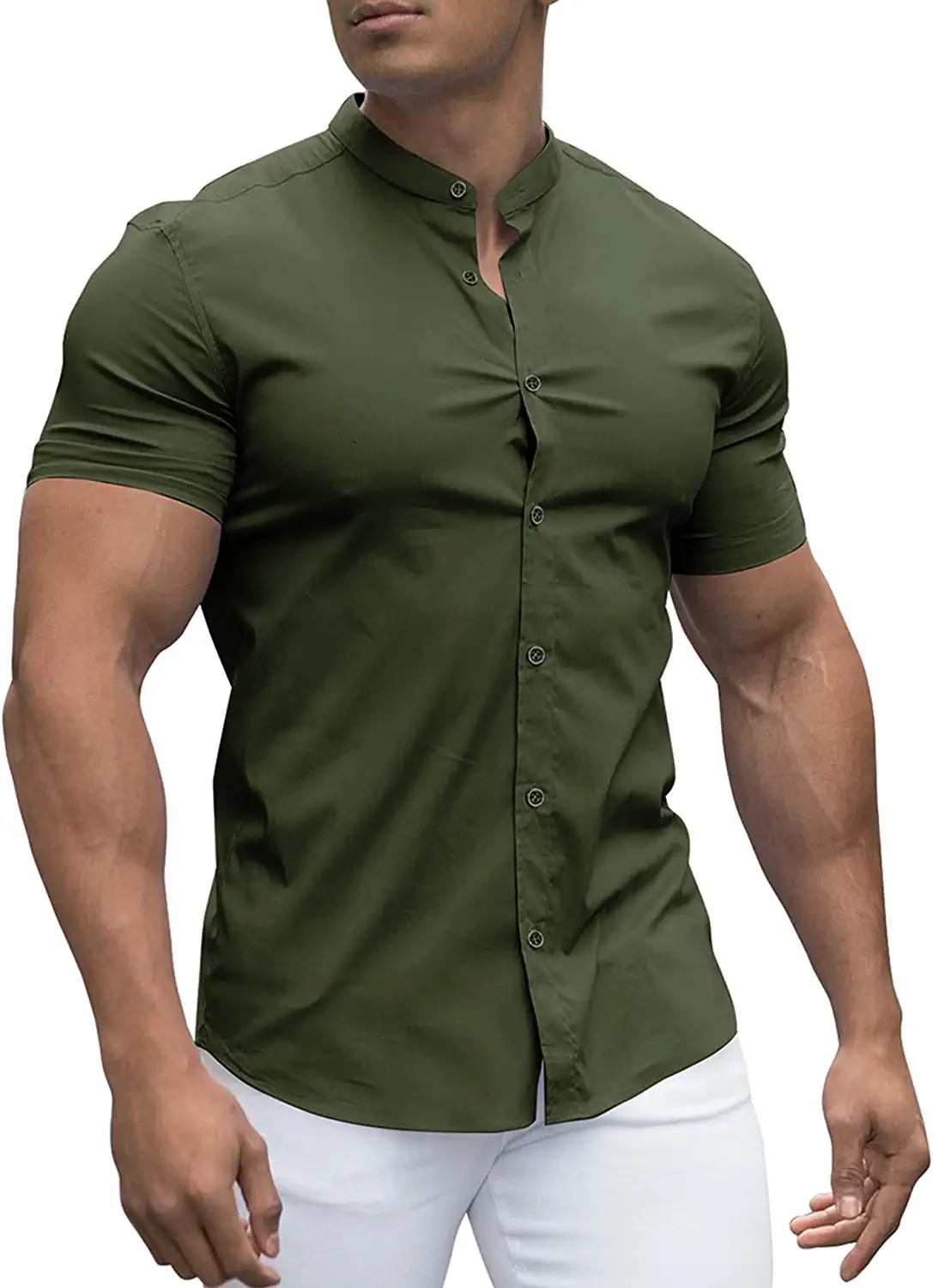 URRU Men's Muscle Dress Shirts Slim Fit Stretch Banded Collar Long&Short  Sleeve