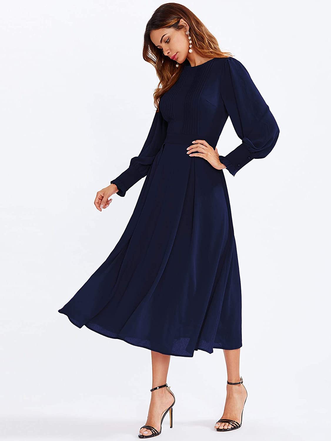 Milumia Womens Elegant Frilled Long Sleeve Pleated Fit And Flare Dress 1337