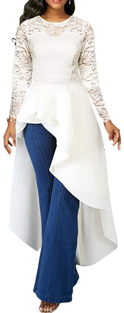 Fashion Elegant Asymmetrical Irregular Hem Ruffle Peplum Top Tunics Maxi Shirt Dress Womens High Low Dress 